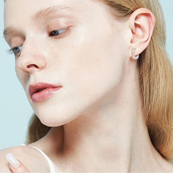 14K White Gold with Peach Morganite Cubic Zirconia Princess Cut Huggie Earrings - Picture 5 of 5